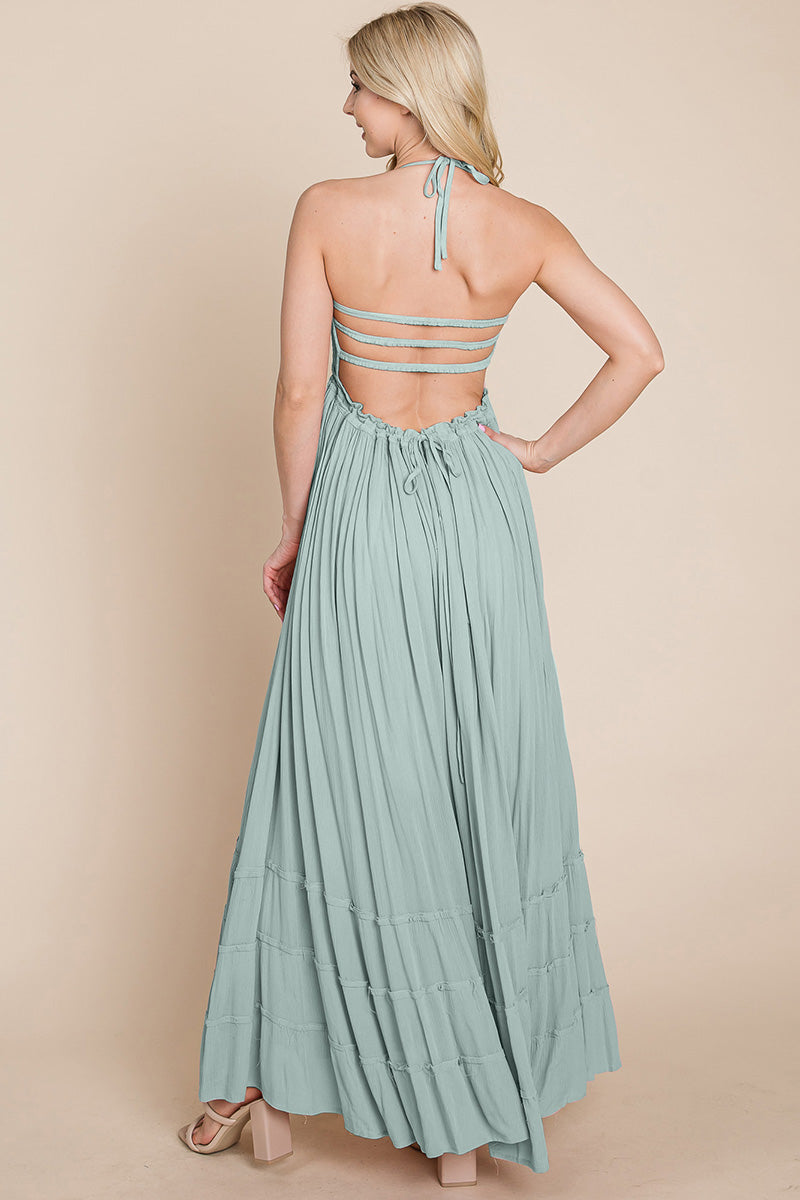 Smocked Flowy Boho Pleated Backless Maxi Dress