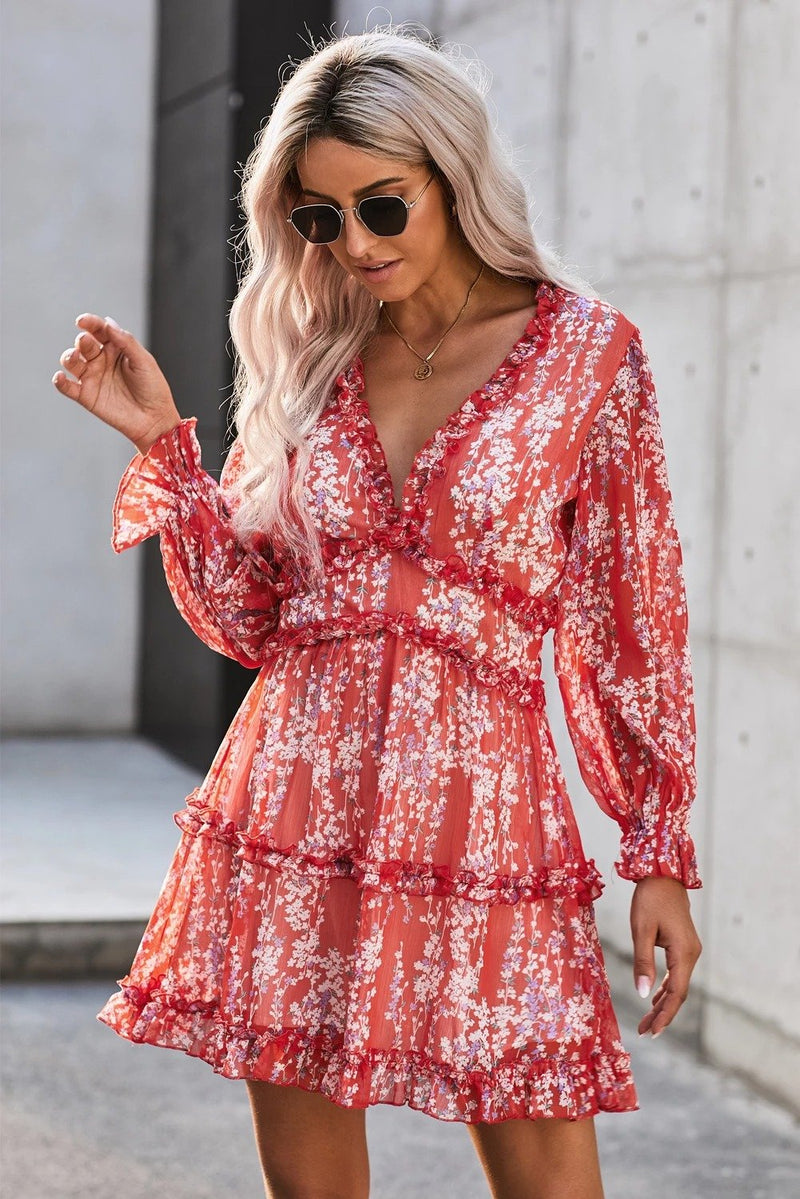 Red Ruffle Detailing Long Sleeve Open Back Floral Dress