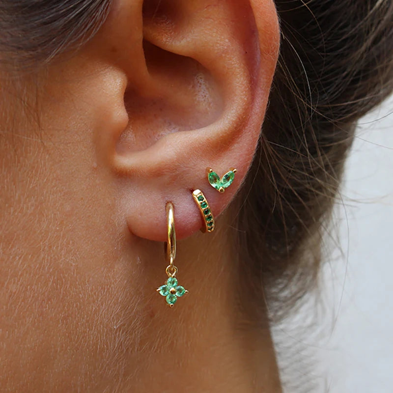 3PCS Exquisite Green Zircon Hanging Earrings Set for Women Stainless Steel Flower Dangle Earring Cartilage Piercing Jewelry