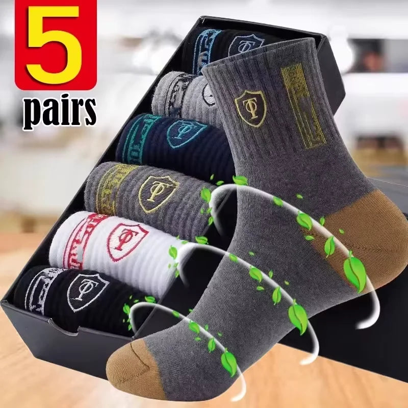 5Pairs Breathable Cotton Sports Stockings Men Bamboo Fiber Autumn and Winter Men Socks Sweat Absorption Deodorant Business Sox