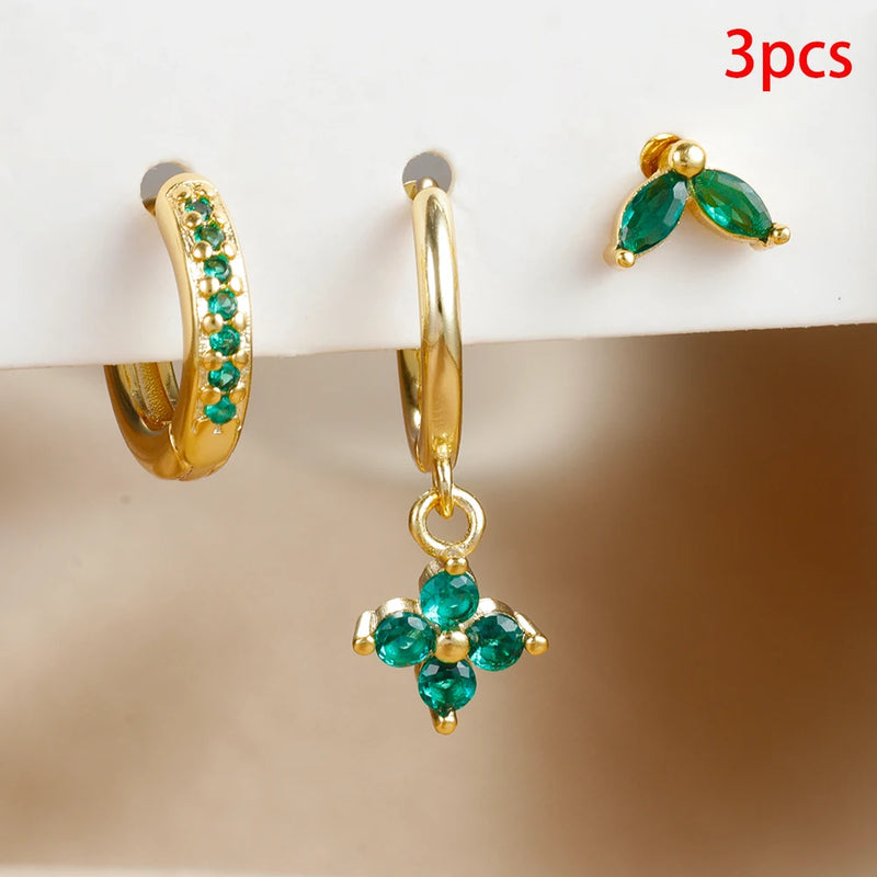 3PCS Exquisite Green Zircon Hanging Earrings Set for Women Stainless Steel Flower Dangle Earring Cartilage Piercing Jewelry