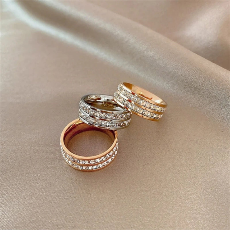 Luxury Rose Gold Double Rowed Square Zircon Stainless Steel Ring Women's Romantic Engagement Wedding Party Jewelry Women Gift