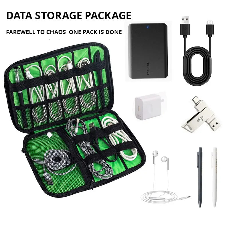 1pc Black Green Storage Bag Electronic Accessory Organizer Portable Usb Data Cable Charger Plug Travel Waterproof Organizer