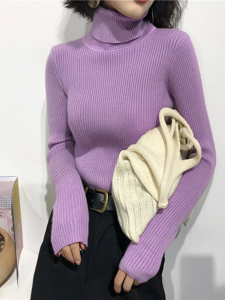 2025 Autumn Winter Thick Sweater Women Knitted Ribbed Pullover Sweater Long Sleeve Turtleneck Slim Jumper Soft Warm Pull Femme