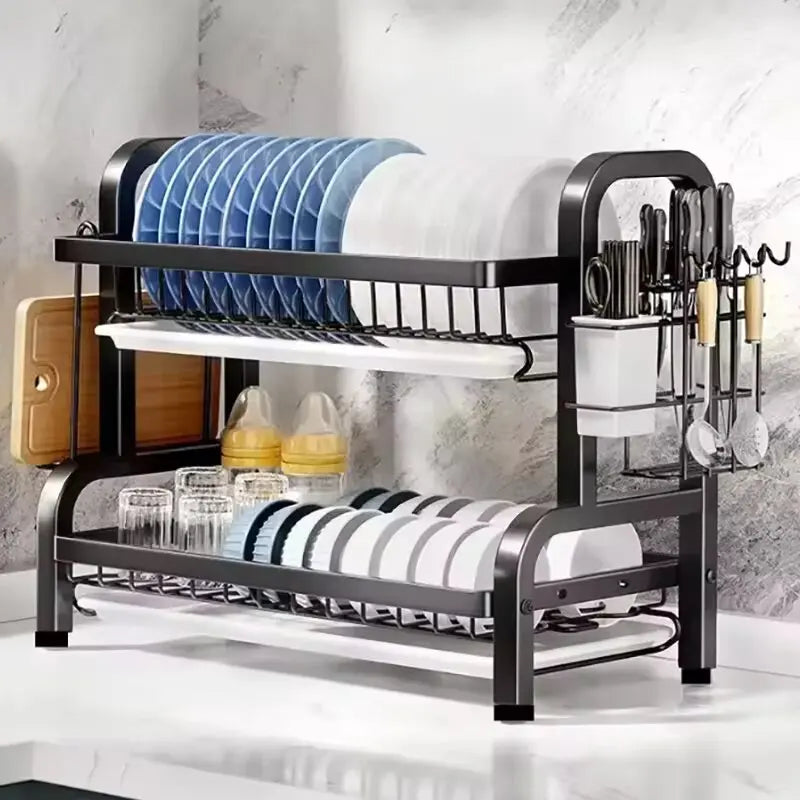 2024 NEW Dish Drying Rack 2-Tier Compact Kitchen Dish Rack Drainboard Set Large Rust-Proof Dish Drainer with Utensil Holder