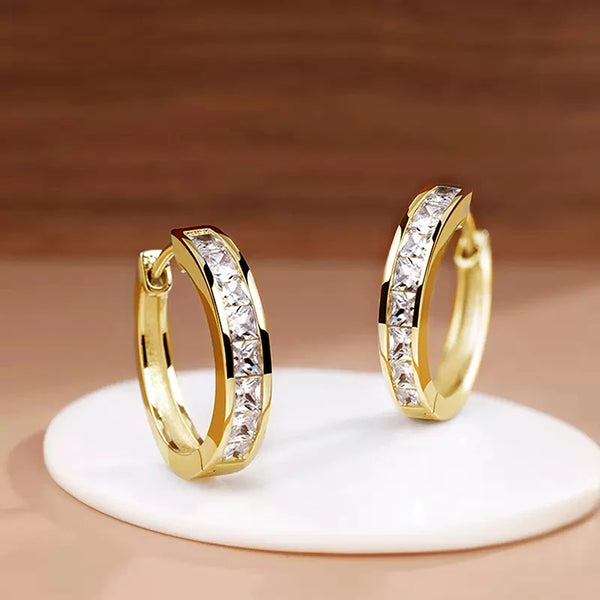 Huitan Classic Design Women Hoop Earrings Full with Princess Square CZ Simple and Elegant Female Accessories Versatile Jewelry