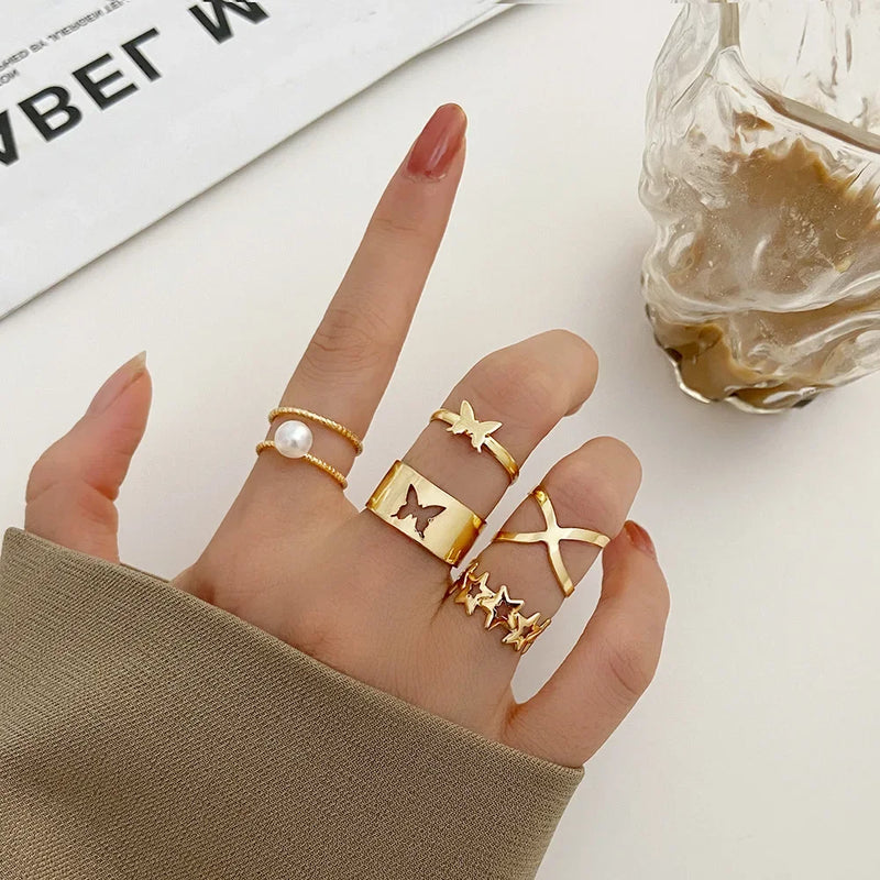 LATS 7pcs Fashion Jewelry Rings Set Hot Selling Metal Hollow Round Opening Women Finger Ring for Girl Lady Party Wedding Gifts