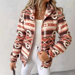 Women's Loose Geometric Pattern Print Hooded Zipper Jacket