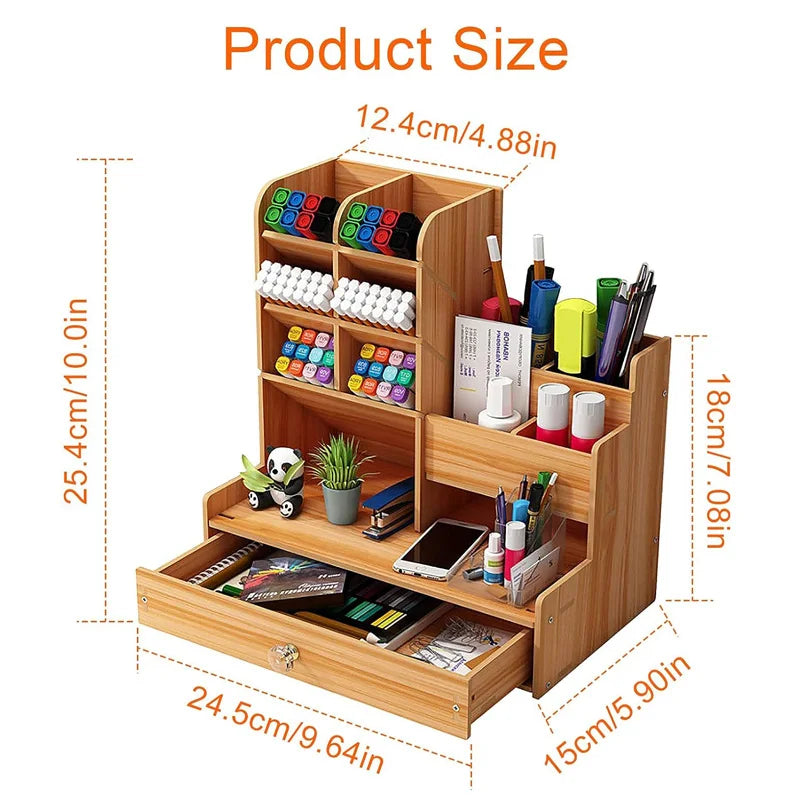 Wooden Desk Organiser DIY Desktop Tidy Pen Holder Large Capacity Stationery Storage Box with Drawer for Home Office and School