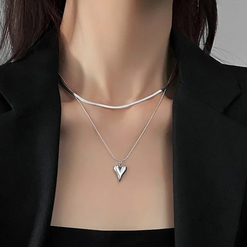 Double Layered Love Heart Pendant Necklace for Women Simple Neck Chain Jewelry