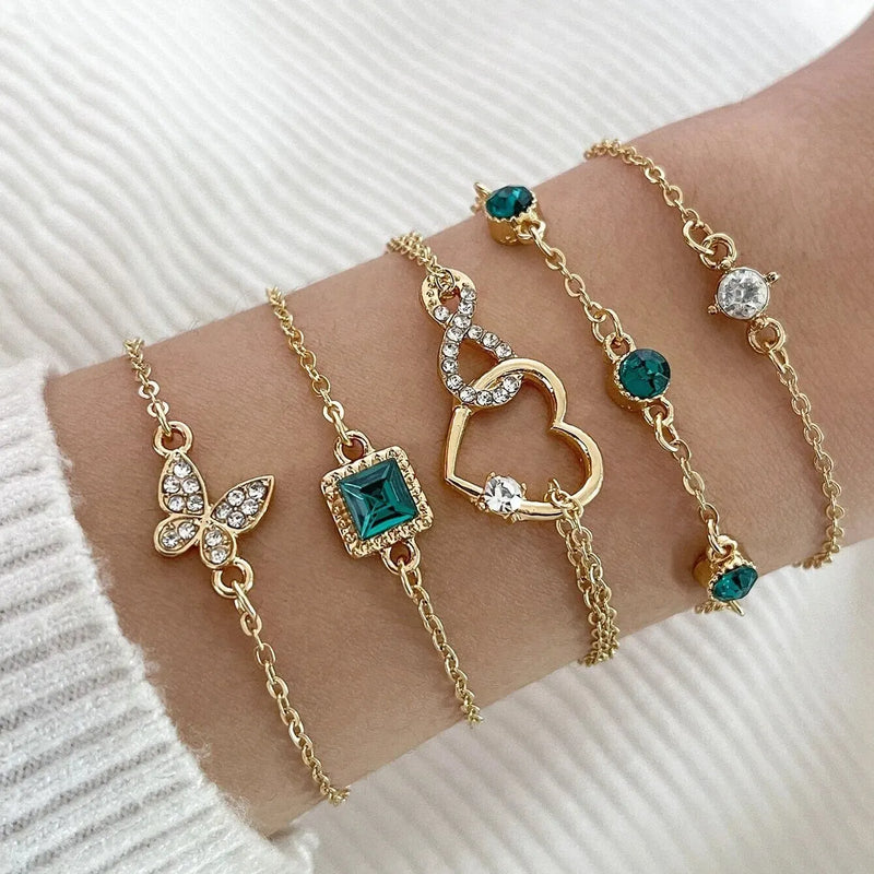 5 PCS Set Hallow Out Heart Green Crystal Stone Bracelet Set For Women Gold Color Lovely Butterfly Rhinestone Girls Bracelet Set