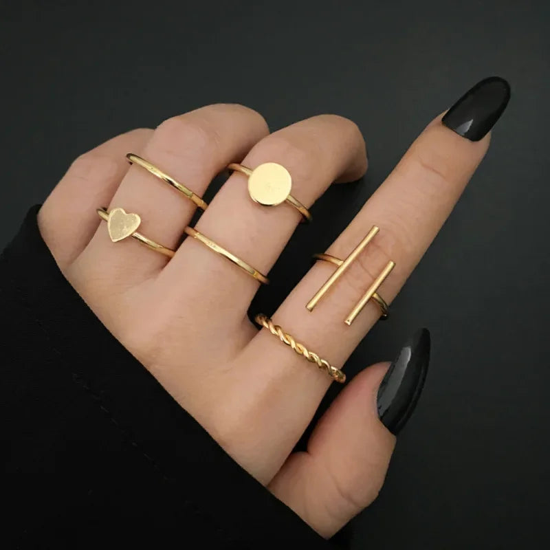 LATS 7pcs Fashion Jewelry Rings Set Hot Selling Metal Hollow Round Opening Women Finger Ring for Girl Lady Party Wedding Gifts