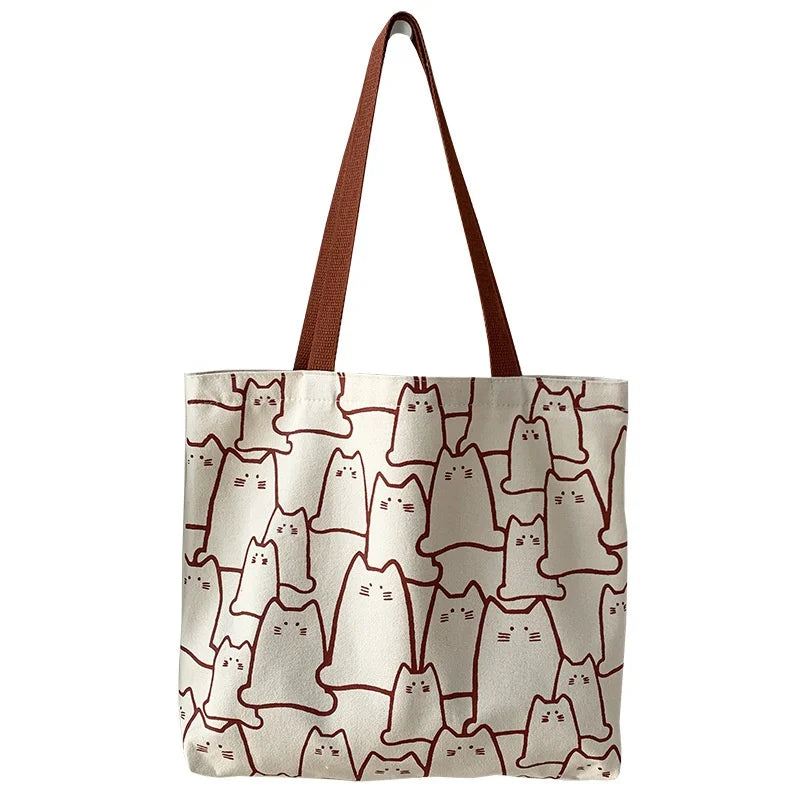 Canvas Bags Handbag for Women Shopper Cute Cat Tote Bag with Zipper Designer Bag Japanese Style Cartoon Small Shoulder