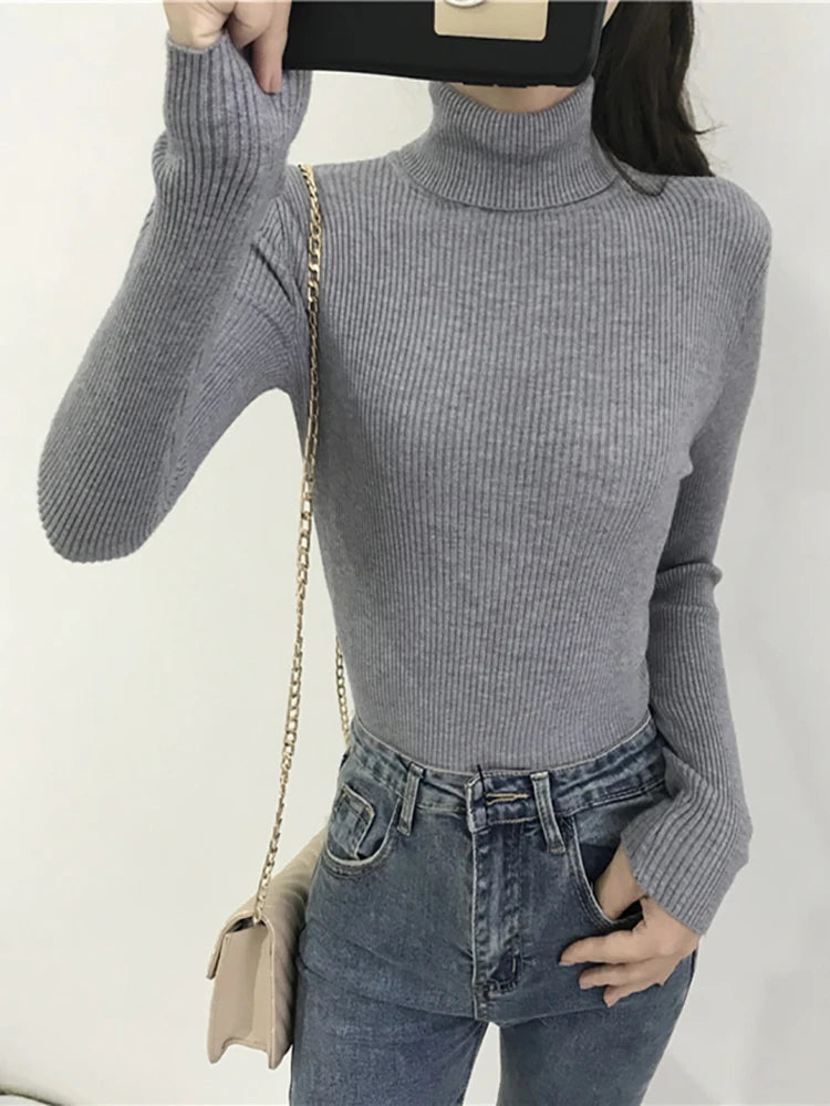 2025 Autumn Winter Thick Sweater Women Knitted Ribbed Pullover Sweater Long Sleeve Turtleneck Slim Jumper Soft Warm Pull Femme