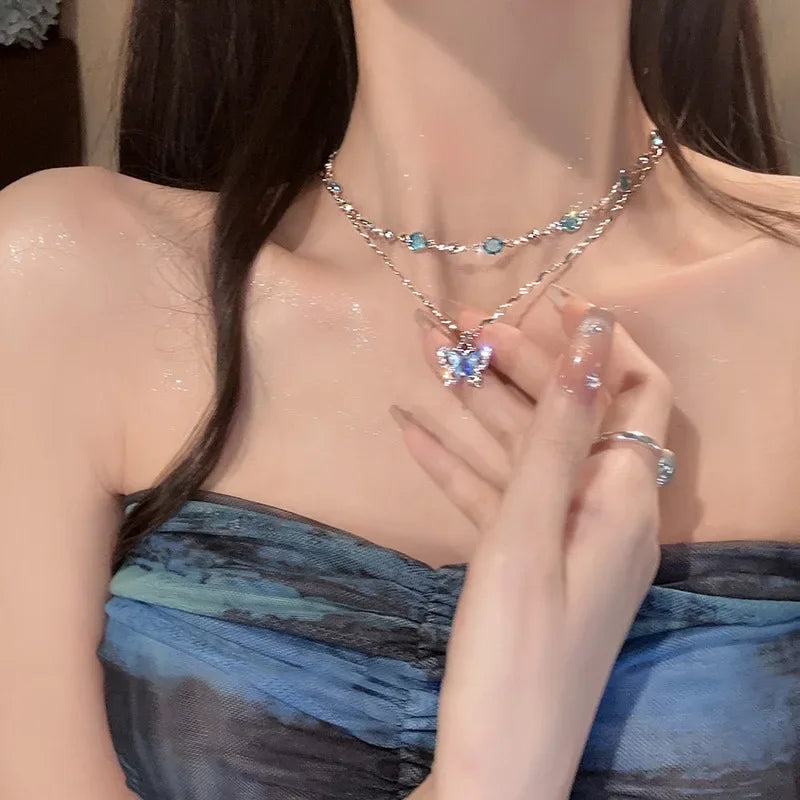 LATS Romantic Blue Crystal Butterfly Necklace for Women Girls Simple Shiny Zircon Bilayer Choker Clavicle Chain New Fine Jewelry