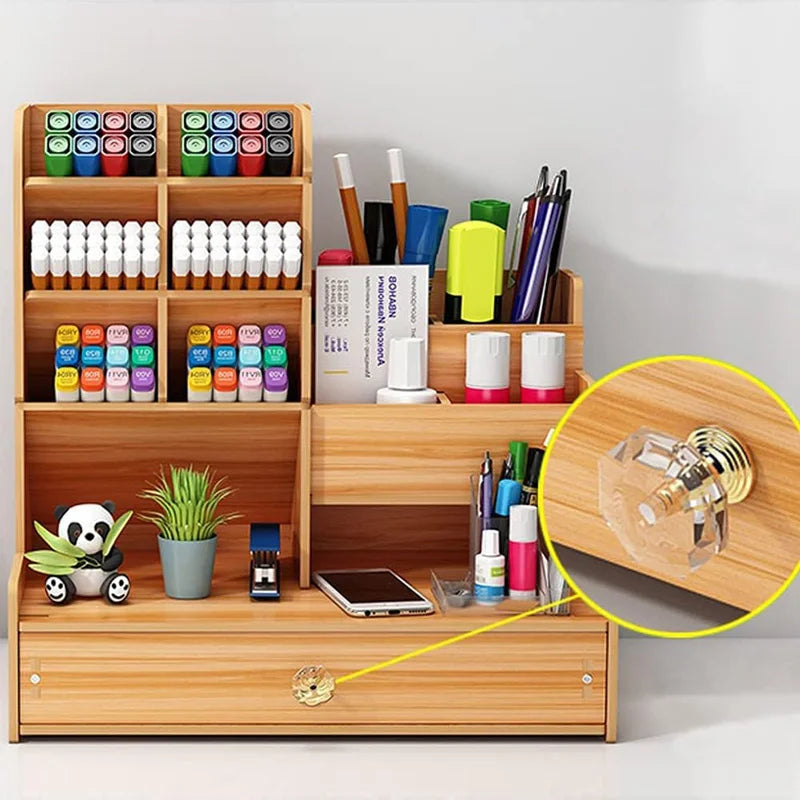 Wooden Desk Organiser DIY Desktop Tidy Pen Holder Large Capacity Stationery Storage Box with Drawer for Home Office and School