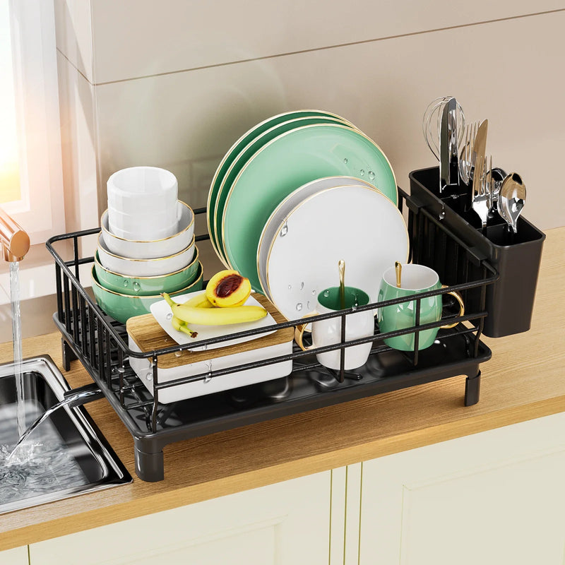 dish draining rack,Cutlery rack with drain tray and drip line,cup holder,cutlery holder,Kitchen countertop storage rack