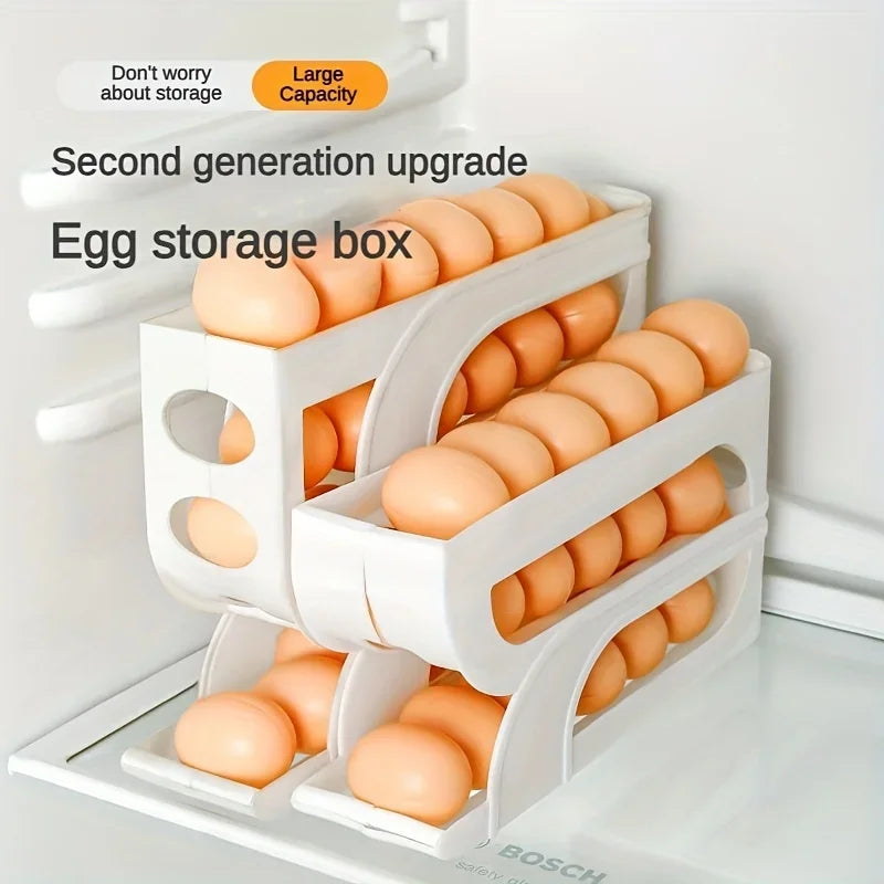 2024 Innovative 4-Tier Sliding Egg Dispenser - Automatic Rolling Egg Rack, Refrigerator Egg Storage Box, Shatterproof Design