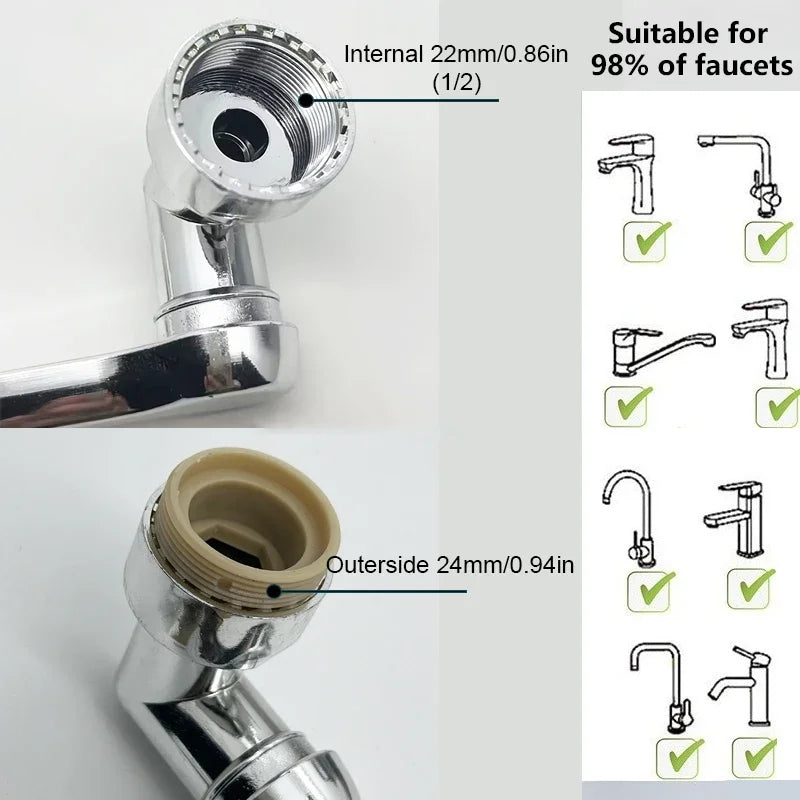 1080° Rotatable Extension Faucet Sprayer Head 2 Spray Modes Universal Bathroom Tap Extend Adapter Aerator