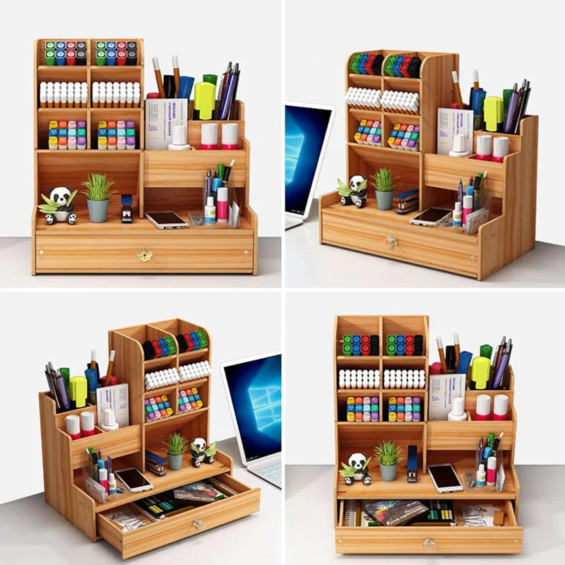 Wooden Desk Organiser DIY Desktop Tidy Pen Holder Large Capacity Stationery Storage Box with Drawer for Home Office and School