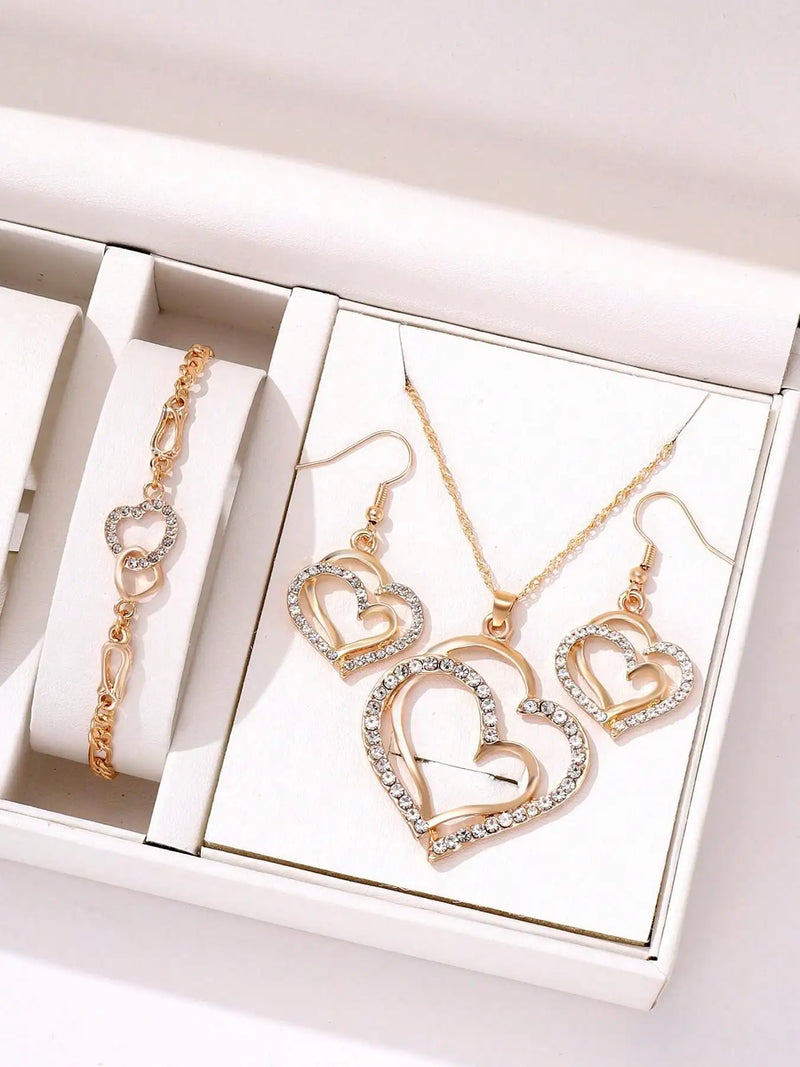 3 Pcs Set Heart Shaped Jewelry Set Of Earrings Pendant Necklace For Women Exquisite Fashion Rhinestone Double Heart Jewelry Set