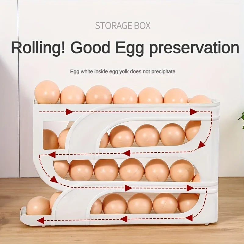 2024 Innovative 4-Tier Sliding Egg Dispenser - Automatic Rolling Egg Rack, Refrigerator Egg Storage Box, Shatterproof Design