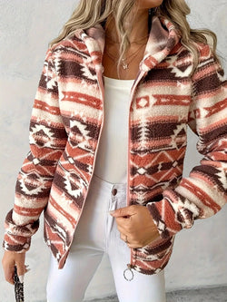 Women's Loose Geometric Pattern Print Hooded Zipper Jacket