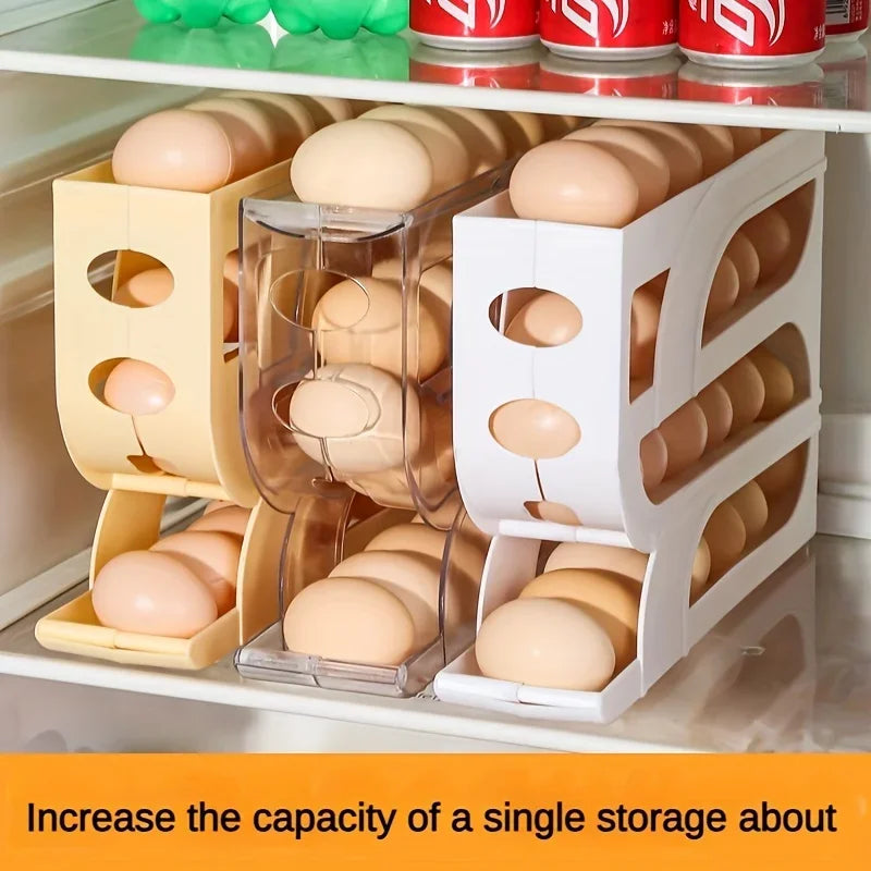 2024 Innovative 4-Tier Sliding Egg Dispenser - Automatic Rolling Egg Rack, Refrigerator Egg Storage Box, Shatterproof Design