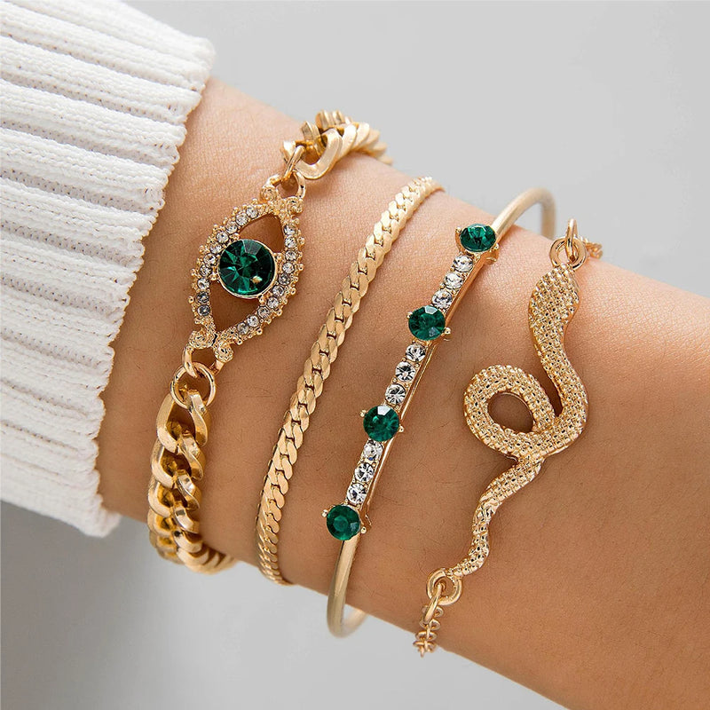 4PCS/Set Fashionable Snake Imitation Gemstone Bangle Rhinestone Full Metal Bracelet Set for Women's Jewelry Birthday Party Gifts