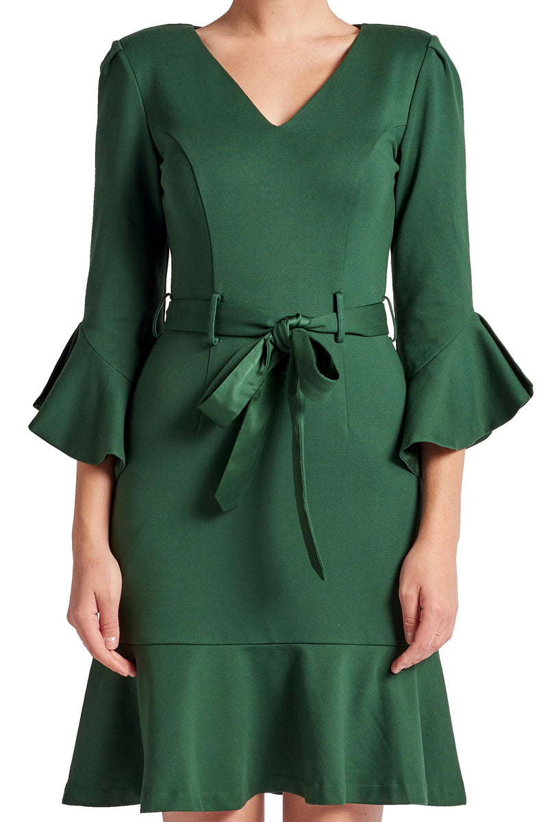 Tayte Dress - V-neck 3/4 sleeve dress with ruffle accents and self