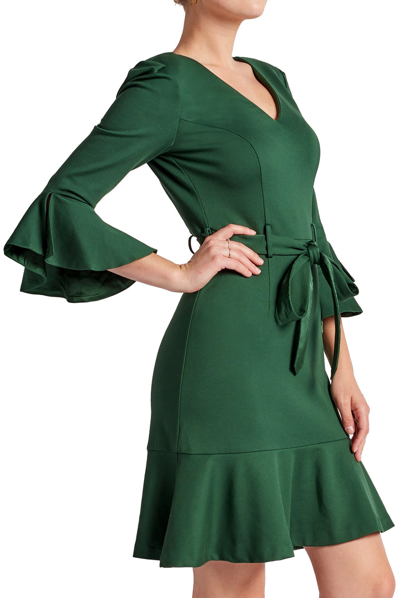 Tayte Dress - V-neck 3/4 sleeve dress with ruffle accents and self