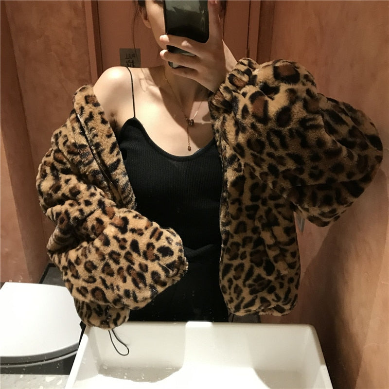 Winter Leopard Print Jacket Women's Stand collar Warm Parkas Outwear