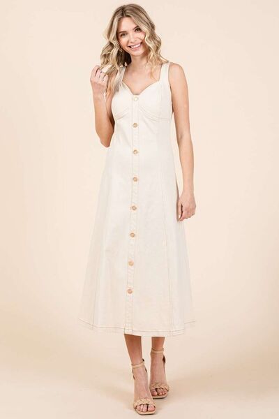 Mittoshop Stretch Twill Decor Button Sleeveless Midi Dress