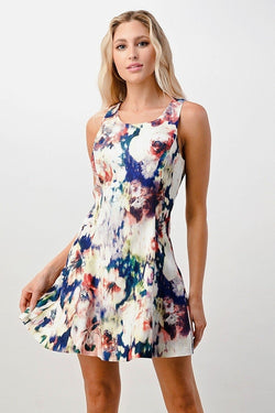 Sleeveless A-Line Dress with Watercolor Floral Print