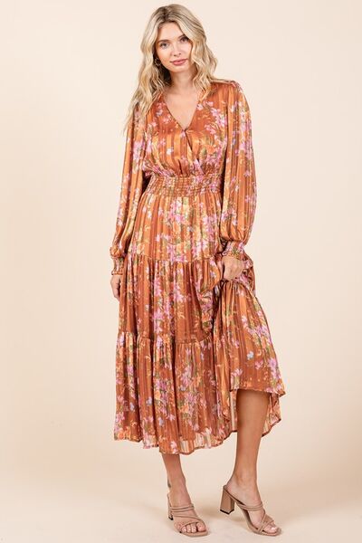 Mittoshop Flower Print Satin Lurex Stripe Smocked Midi Dress