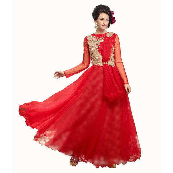 Net Fabric Red Color Long Gown