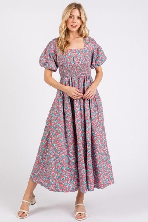 Mittoshop Smocked Floral Square Neck Puff Sleeve Midi Dress