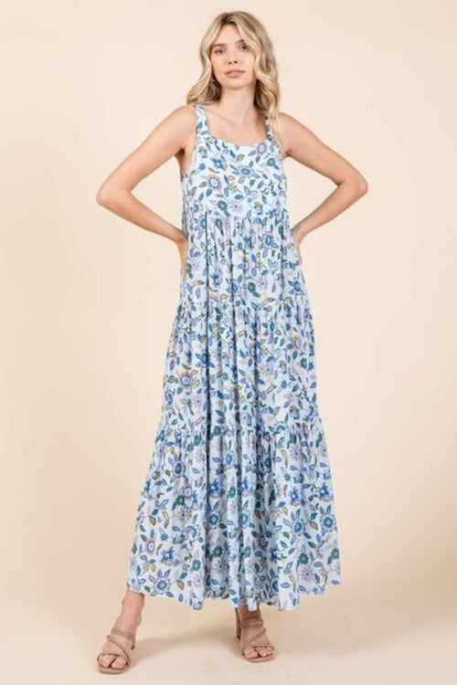 Mittoshop Flower Print Tiered Sleeveless Empire Maxi Dress