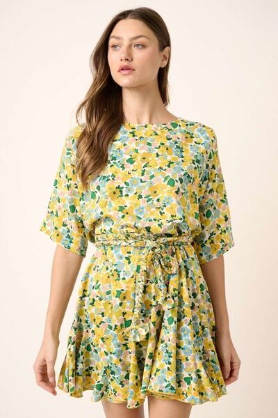 Mittoshop Floral Tie Waist Half Sleeve Mini Dress