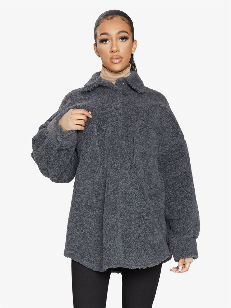 Oversized Patch Pocket Borg Teddy Shacket