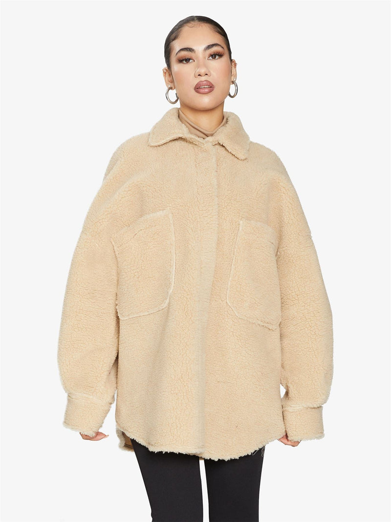 Oversized Patch Pocket Borg Teddy Shacket