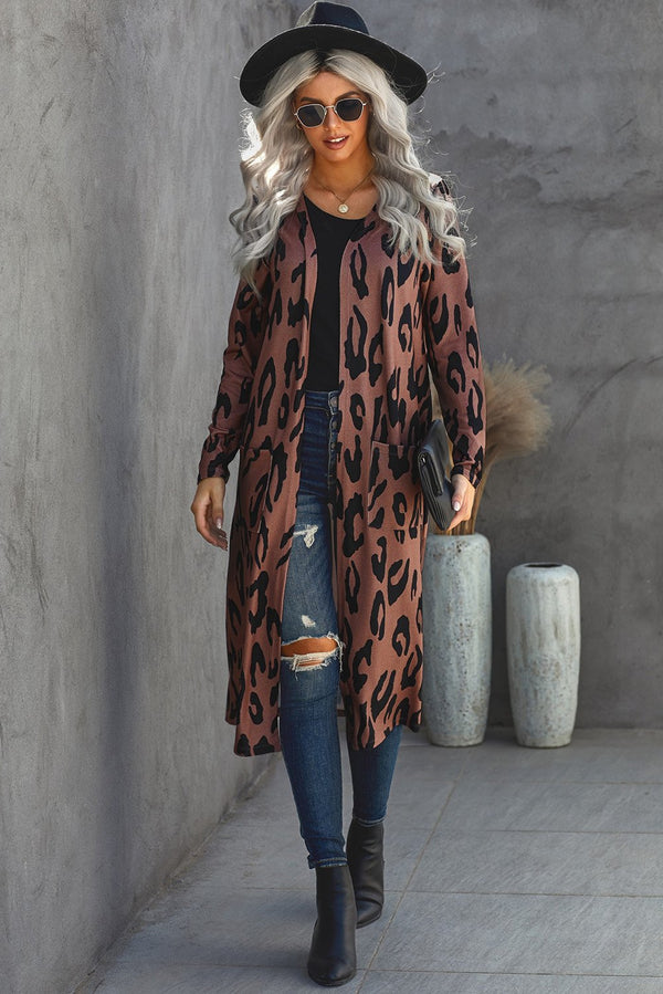 Leopard Print Open Front Cardigan with Pockets