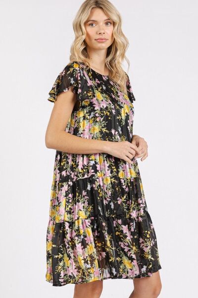 Mittoshop Flower Print Round Neck Flutter Sleeve Tiered Dress