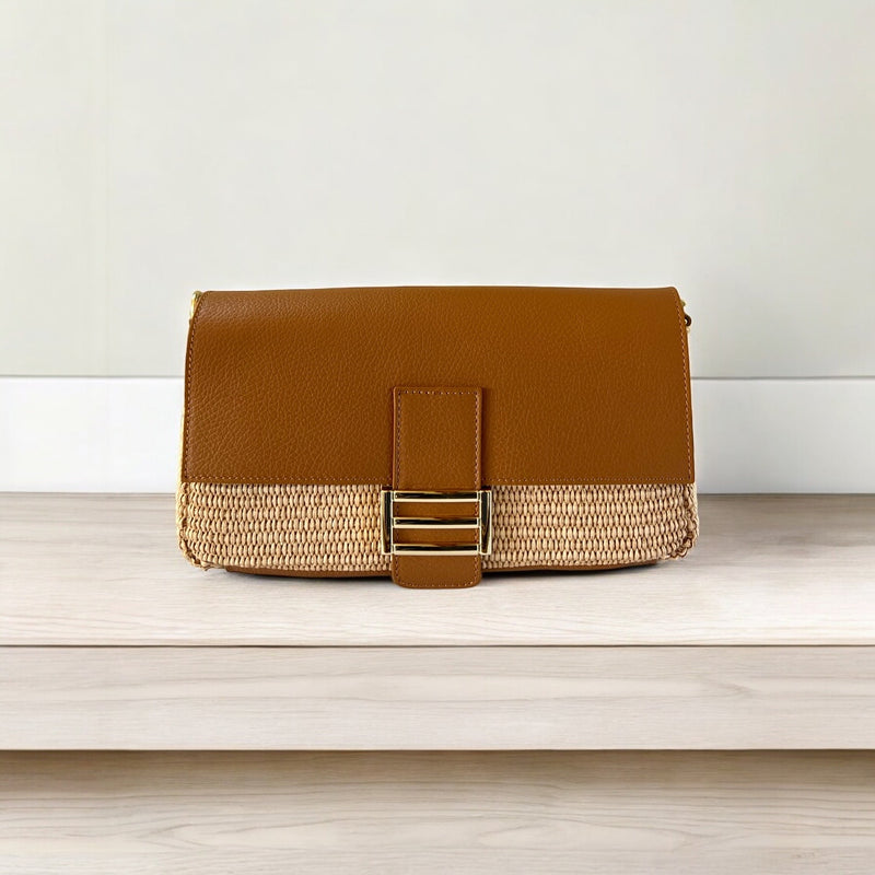 Woven Raffia and Genuine Leather Italian Leather Clutch Bag, Crossbody