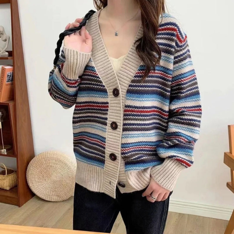 Womens Button Down Striped Cardigan