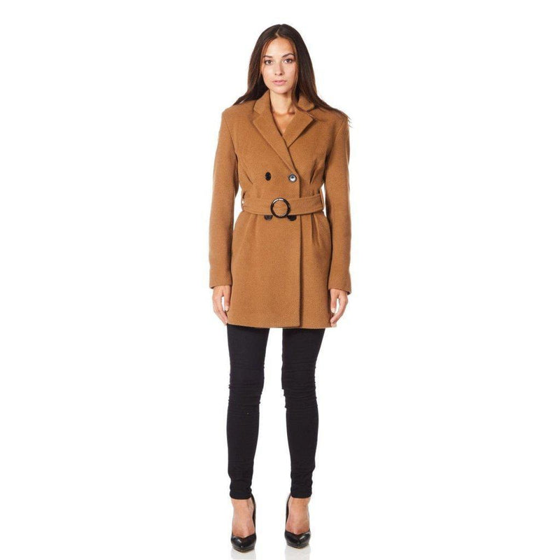 De La Creme - Womens Camel Textured Short Belted Coat