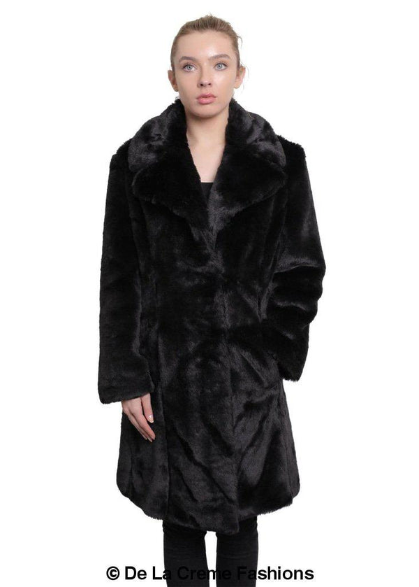 De La Creme - Womens Faux Fur Large Lapel Mid Length Coat