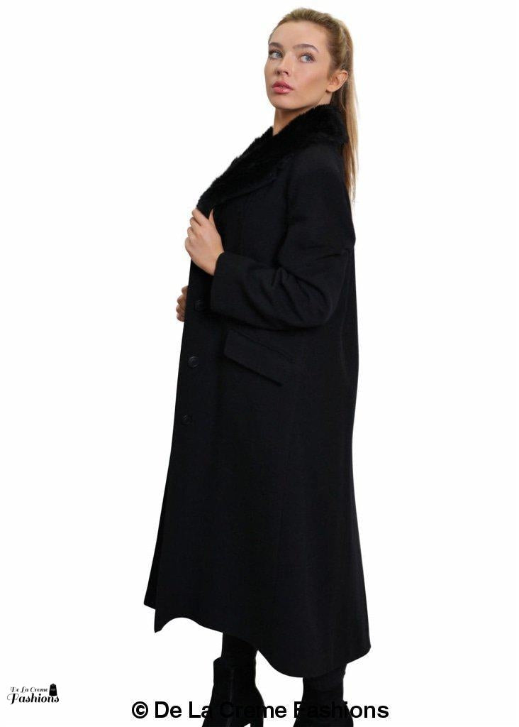 De La Creme Womens Oversized Faux Fur Collar Long Coat