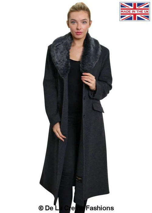 De La Creme Womens Oversized Faux Fur Collar Long Coat