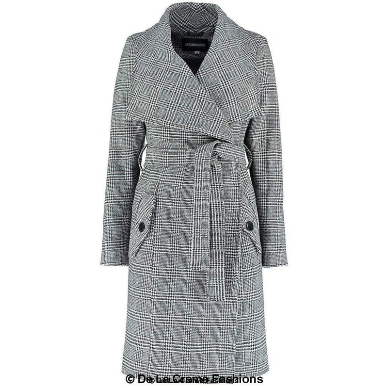 De La Creme - Womens Prince Of Wales Check Large Lapel Duster Coat